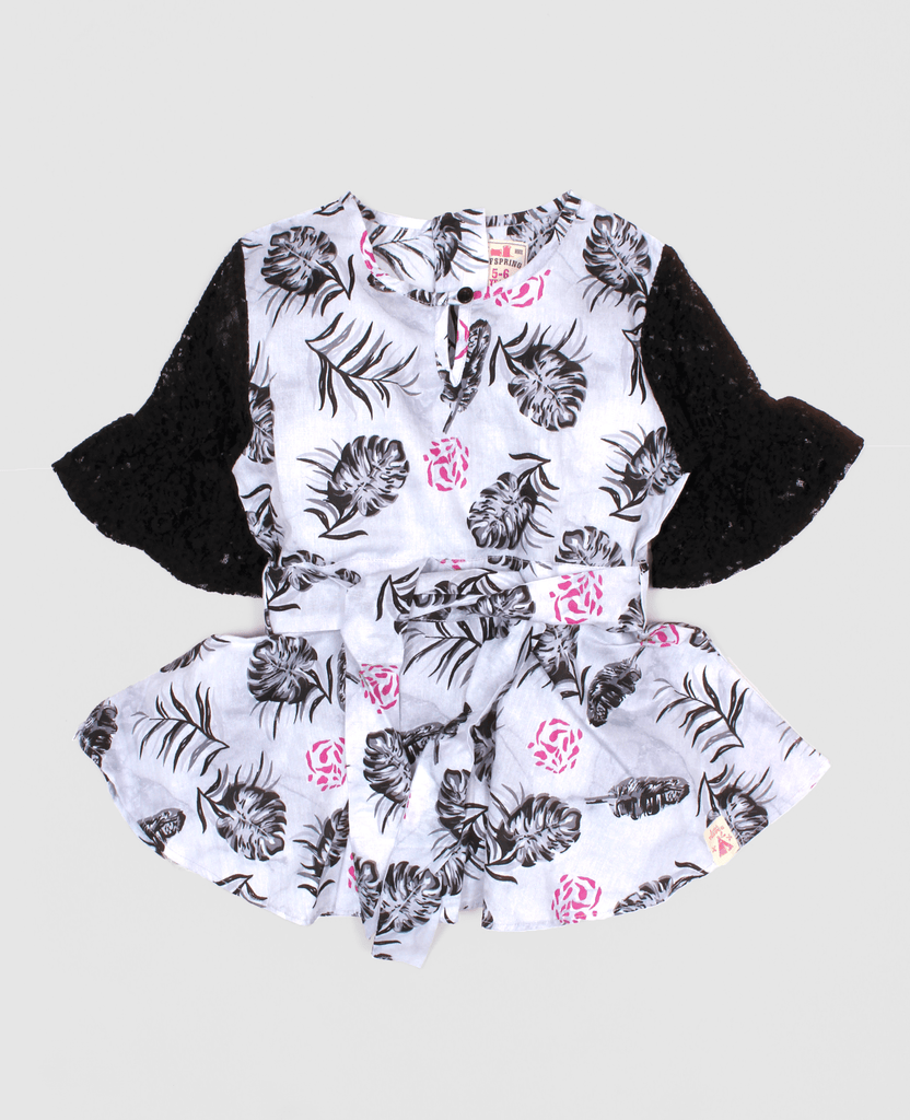 Girls Printed Top With Net Sleeves - Offspring